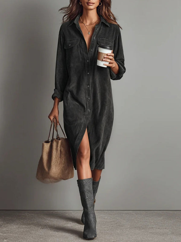 Isla Charcoal™ Vintage Kordové Midi Košilové Šaty