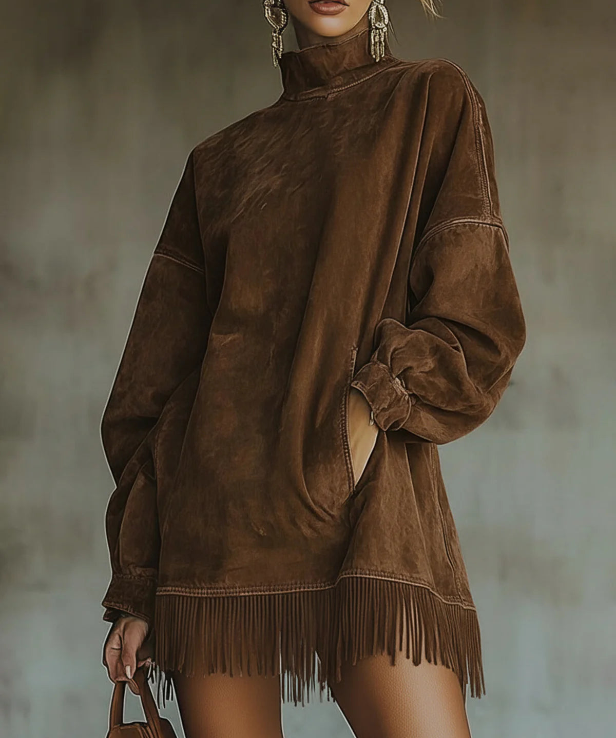 Savana™ | Vintage semišové mini šaty s rolákem a třásněmi