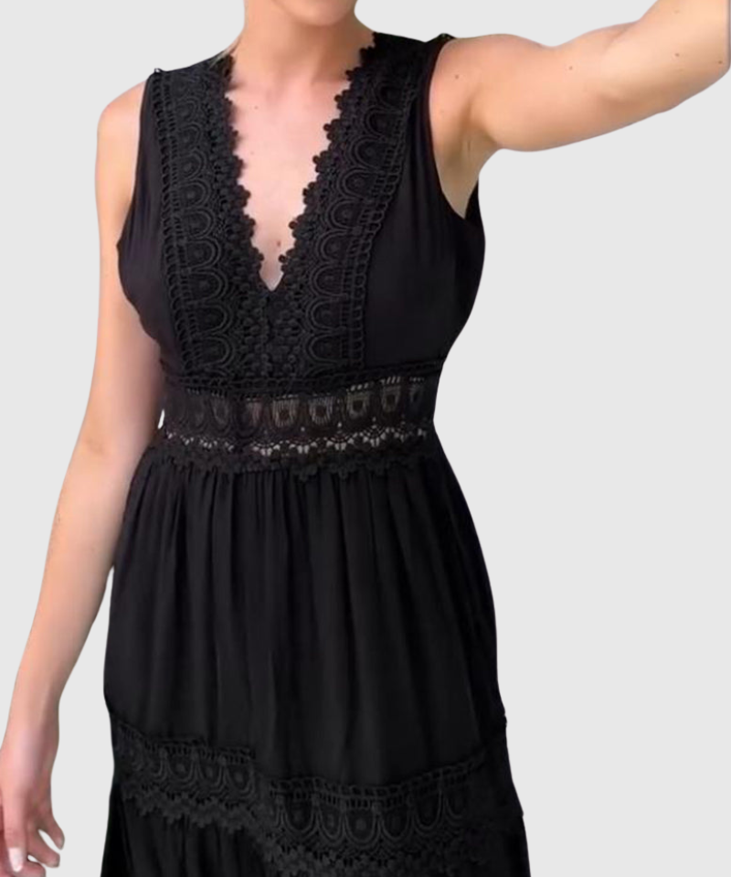 Ninfea - Bezrukávové midi šaty v boho stylu s krajkovými detaily