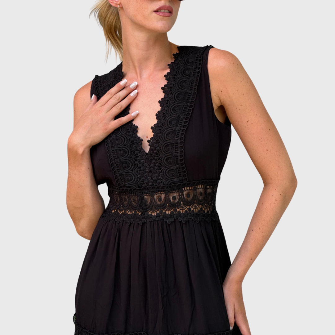 Ninfea | Bezramenné midi šaty v boho stylu s krajkovými detaily