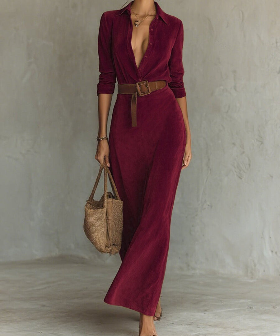 Solaire™ | Elegantní vintage semišové košilové maxi šaty
